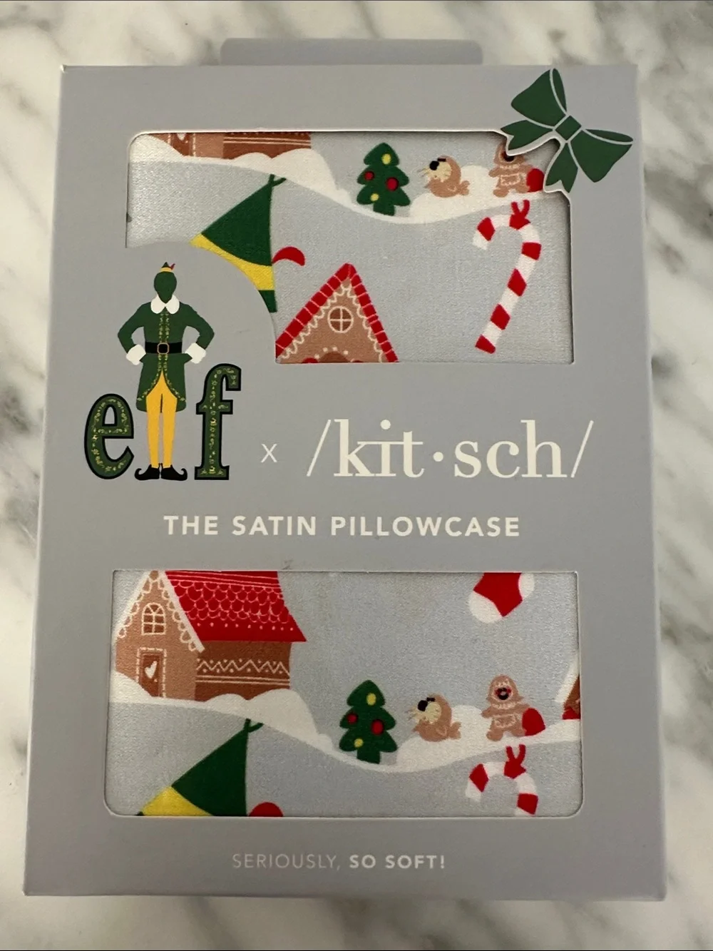 Kitsch Elf Satin Standard Pillowcase with Holiday Print, new